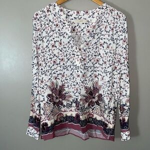LOFT White Floral Border Print Blouse